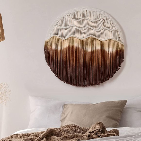 Bohemian Brown Ombré Cream Macrame Circle Hippie Indie Tie-Dye Dipped Home Decor - Picture 2 of 10